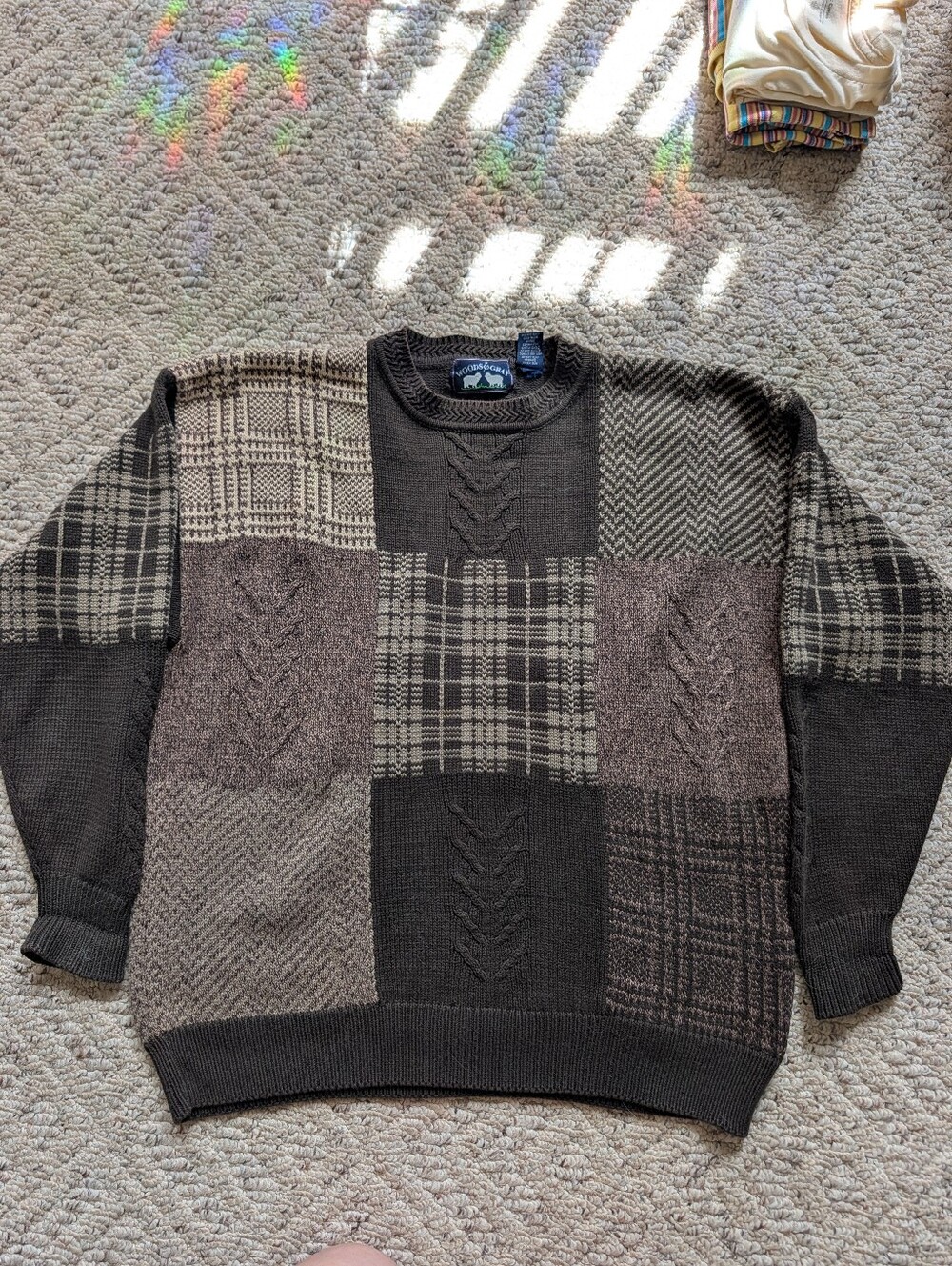 Vintage 90s Woods & Gray Cable Knit Sweater Brown Patchwork Grunge Textured Vtg